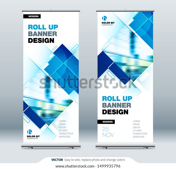 Blue Business Roll Up Banner. Abstract Roll up\
background for Presentation. Vertical roll up, x-stand, exhibition\
display, Retractable banner stand or flag design layout for\
conference, forum.