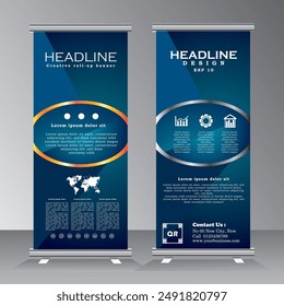 Blue Business Roll Up Banner template, Roll up background for Presentation and forum. Vertical roll up, x-stand, exhibition display, Retractable banner stand, flag design layout for conference,