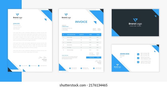 Blue Business Stationery design template with creative Letterhead, invoice and business card layout