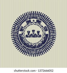 Blue business teamwork icon inside distressed rubber grunge texture stamp