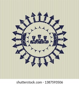Blue business teamwork icon inside distressed rubber seal with grunge texture