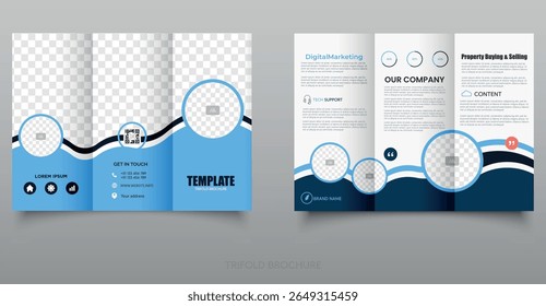 Blue Business Trifold Brochure Template with waves. Universal leaflet for marketing, rental housing, etc.
