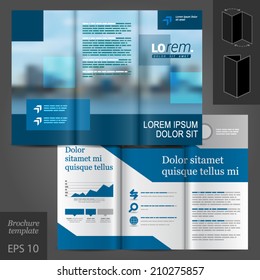 Blue business vector brochure template design with cityscape and geometric elements