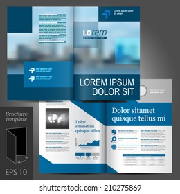 Blue business vector brochure template design with cityscape and geometric elements