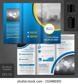 Blue business vector brochure template design with cityscape