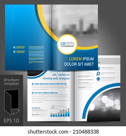 Blue business vector brochure template design with cityscape