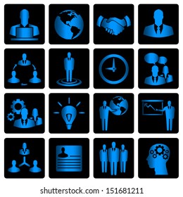 Blue business vector icons on black background