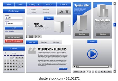 Blue Business Web Design Elements Version 2: Menu, Navigation Bar, Slider, Banners, Video Player, Calendar, Tabs, Login Form, Scroller, Pagination