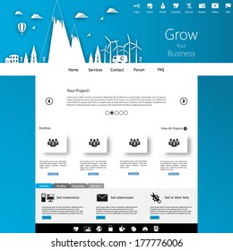 Blue business website template design with minimal land illustration 