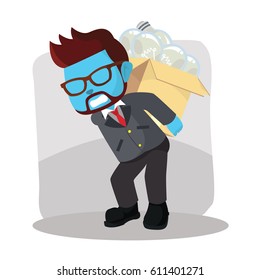 blue businessman carrying unfunctional bulb