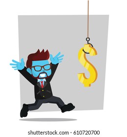 blue businessman chasing dollars