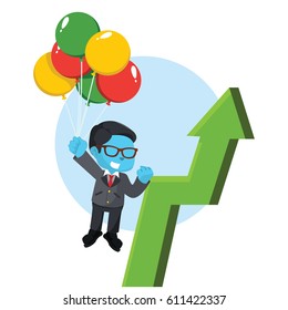 blue businessman flying with balloon and arrow