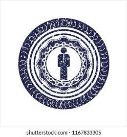 Blue businessman icon inside distressed rubber grunge seal