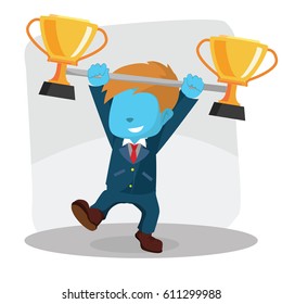 blue businessman lifting trophy