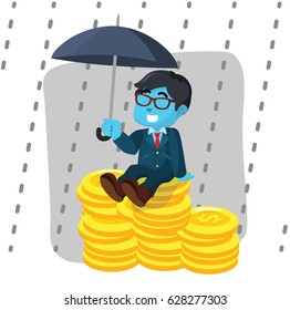 blue businessman protect money from rain