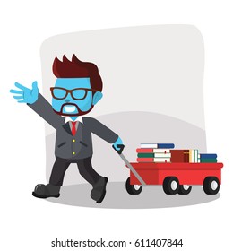 blue businessman pulling a cart full of books