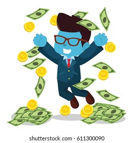 blue businessman raining money