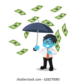 blue businessman raining money