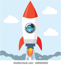 blue businessman in a rocket in the launch startup