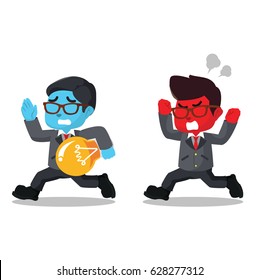 blue businessman stealling idea from other red businessman