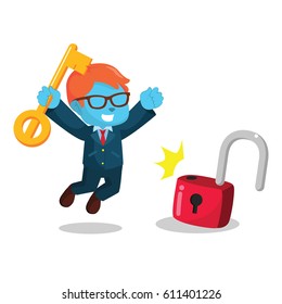 blue businessman successfully unlocking lockpad