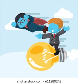 blue businessman superhero race with businessman on bulb