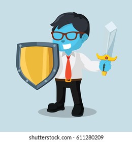 blue businessman with sword and shield