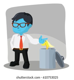 blue businessman throw banana peel in trash can