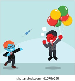 blue businessman throwing darts to flying red businessman
