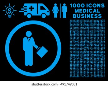 Blue Businessman vector rounded icon. Image style is a flat icon symbol inside a circle, black background. Bonus set includes 1000 medical business elements.
