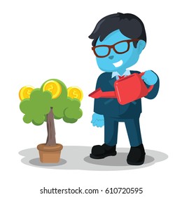 blue businessman watering coin tree