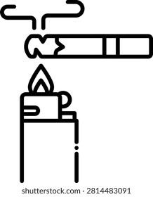 Blue butane lighter producing a flame to ignite a cigarette. This ignition action represents the beginning of the smoking process and fire hazards. Great for fire safety guides and tobacco accessory catalogs.