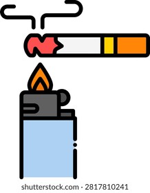 Blue butane lighter producing a flame to ignite a cigarette. This ignition action represents the beginning of the smoking process and fire hazards. Great for fire safety guides and tobacco accessory catalogs.