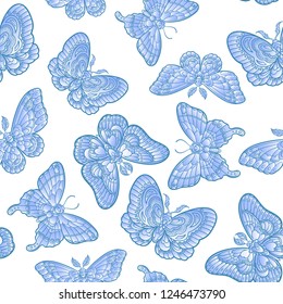 Blue butteflies on white background seamless pattern. Vector illustration.