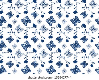 Blue butterflies and abstract flowers on a white background. Seamless pattern. Vector.