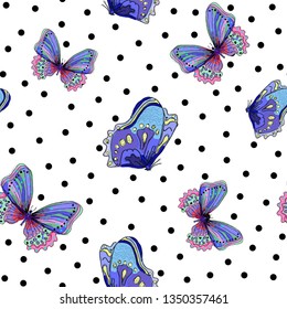 blue butterflies and black dots, seamless vector pattern