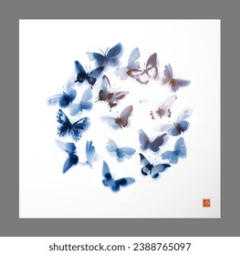 Blue butterflies in circle on white background. Traditional oriental ink painting sumi-e, u-sin, go-hua. Translation of hieroglyph - joy 