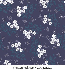 Blue butterflies garden vector repeat pattern background. Great for girly fabric pattern. Fashion allover print