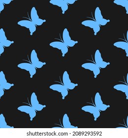 Blue butterflies on black background seamless pattern. Best for textile, print, wrapping paper, package and home decoration.
