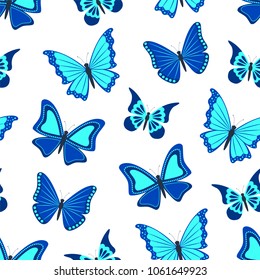 Blue butterflies on white background. Seamless pattern. Vector illustration.