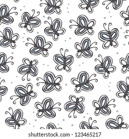 blue butterflies on white background with blue dots abstract seamless pattern