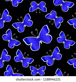 Blue butterflies over black background. Seamles vector pattern