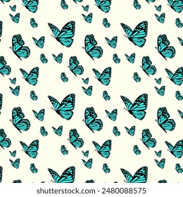 Blue Butterflies Pattern on White Backdrop. Ethereal Butterfly Wings Art. Aesthetic Botanical Symmetry Design. Exotic Winged Wildlife Concept Background.