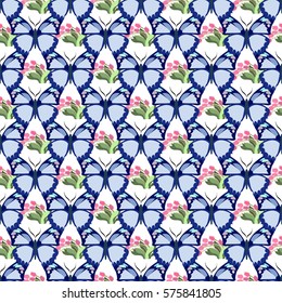 Blue Butterflies And Pink Tulips Seamless Pattern
