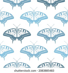 Blue butterflies seamless pattern. Background with gentle pastel moths, vector illustration. Template for fabric, wrapping paper, wallpaper and decor