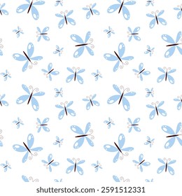 Blue butterflies seamless pattern. Childrens cute pattern, vector flat illustrations, seamless pattern, background