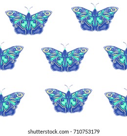 Blue butterflies, seamless pattern, embroidery, design for textile texture, vector