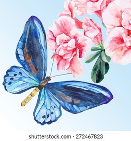 Blue butterfly and Azalea. Hand painted watercolor. Vector illustration.
