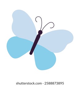 A blue butterfly with a black body and a black head. The butterfly is drawn in a stylized way, with a focus on its wings and body. The image has a whimsical and playful mood