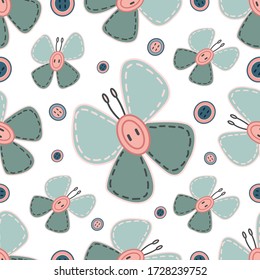 Blue butterfly and buttons seamless vector pattern. Endless texture on white background. Fabric, wrapping paper, textile, background print.